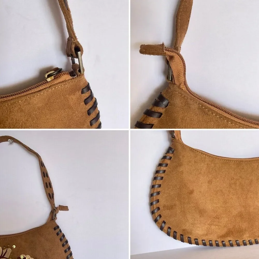 Women Sewn Edges Handbag Suede leather Brown Embroidery